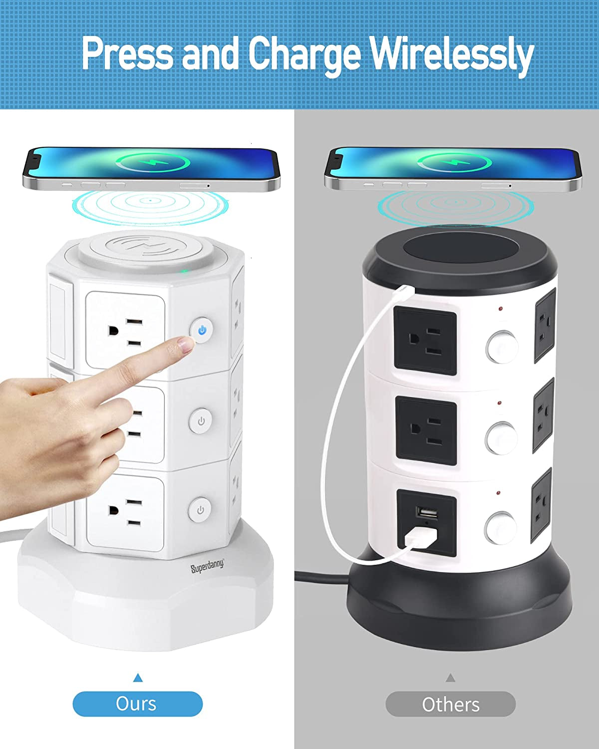 Power Strip Tower, Surge Protector Tower with 15W Magnetic Wireless Charger, 1050J, 13A Charging Station with 12 AC Outlets & 6 USB Ports, 6.5Ft Extension Cord for Home Office, White