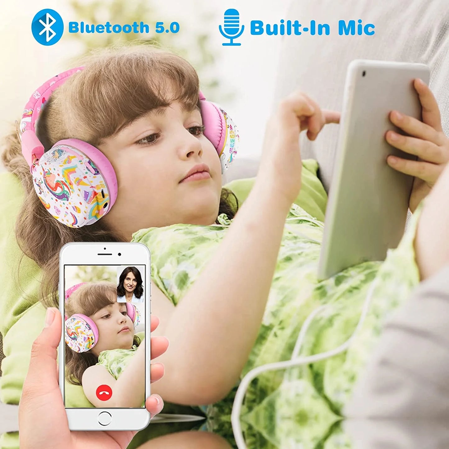 Unicorn Headphones for Girls Kids for School, Kids Bluetooth Headphones with Microphone & 3.5Mm Jack, Teens Toddlers Wireless Headphones with Adjustable Headband for Tablet/Pc