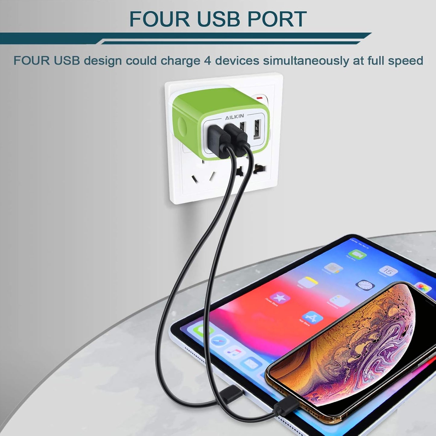 Wall Charger, USB Charger Adapter, 4.8A 4Multi Port Fast Charging Station Power Base Block Plug Cube Brick for Iphone, Ipad, Samsung Galaxy, Moto, Google Pixel, Kindle Fire Plug Cargador Carro