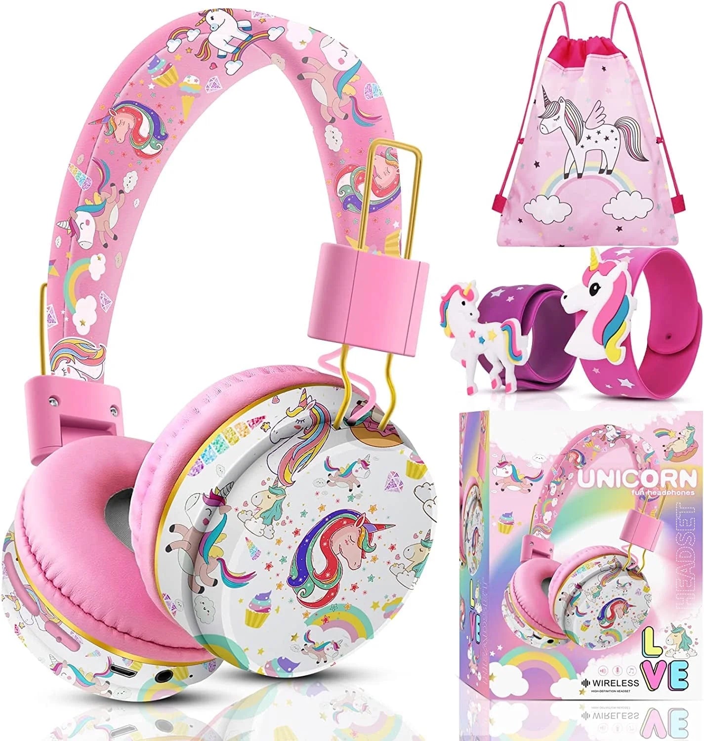 Unicorn Headphones for Girls Kids for School, Kids Bluetooth Headphones with Microphone & 3.5Mm Jack, Teens Toddlers Wireless Headphones with Adjustable Headband for Tablet/Pc