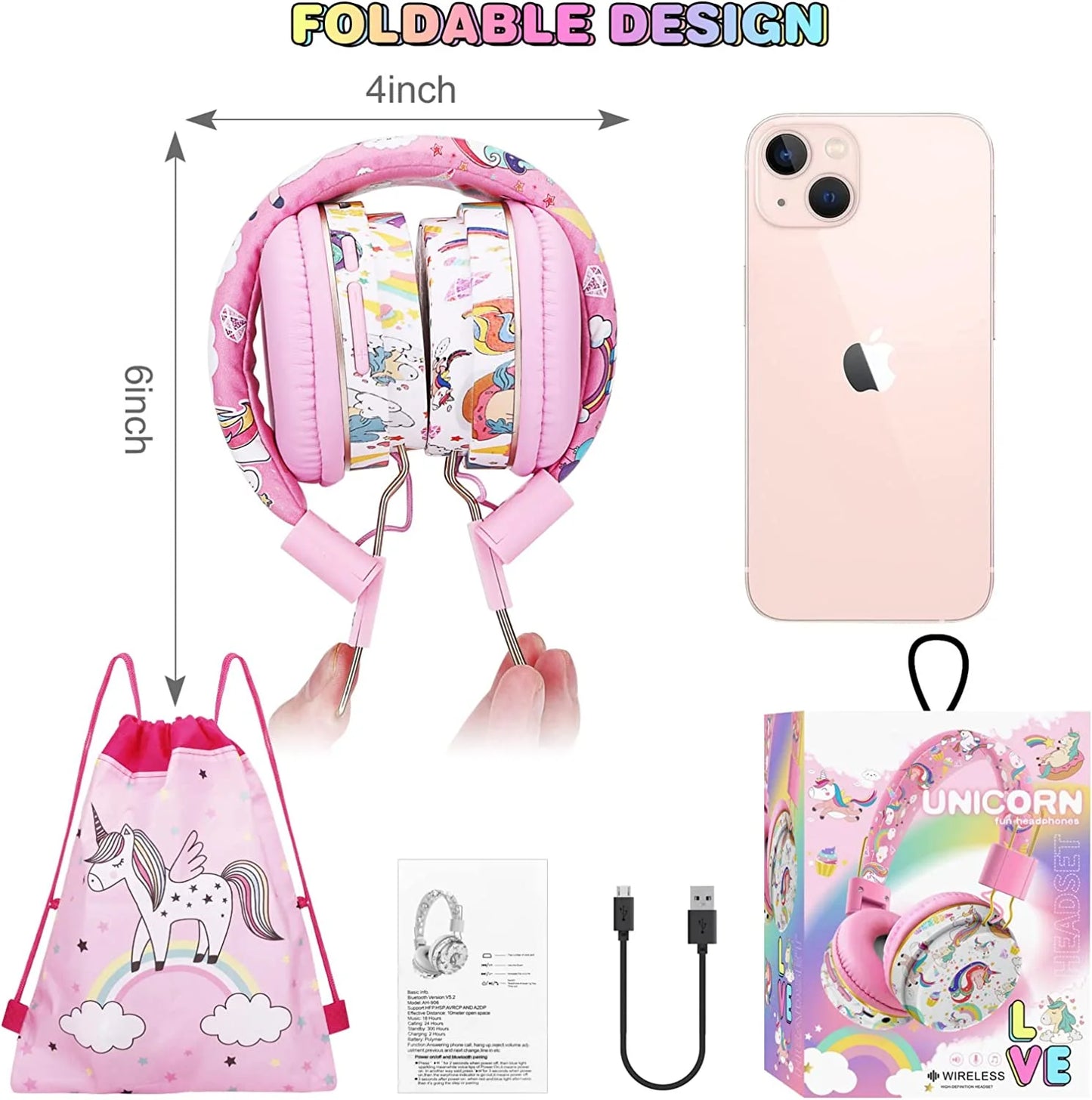 Unicorn Headphones for Girls Kids for School, Kids Bluetooth Headphones with Microphone & 3.5Mm Jack, Teens Toddlers Wireless Headphones with Adjustable Headband for Tablet/Pc