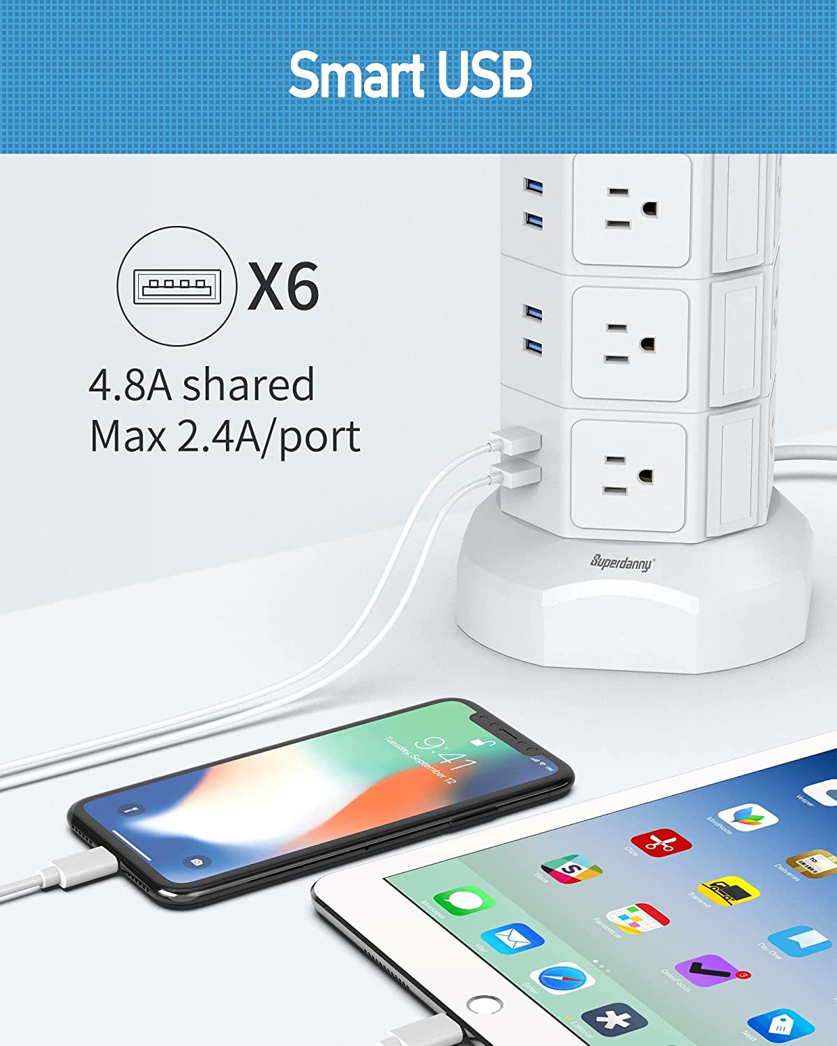 Power Strip Tower, Surge Protector Tower with 15W Magnetic Wireless Charger, 1050J, 13A Charging Station with 12 AC Outlets & 6 USB Ports, 6.5Ft Extension Cord for Home Office, White