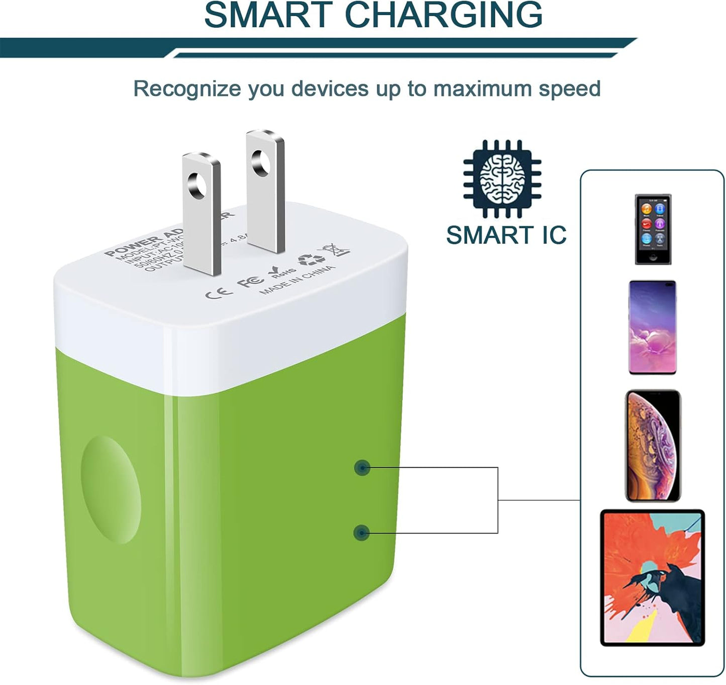 Wall Charger, USB Charger Adapter, 4.8A 4Multi Port Fast Charging Station Power Base Block Plug Cube Brick for Iphone, Ipad, Samsung Galaxy, Moto, Google Pixel, Kindle Fire Plug Cargador Carro