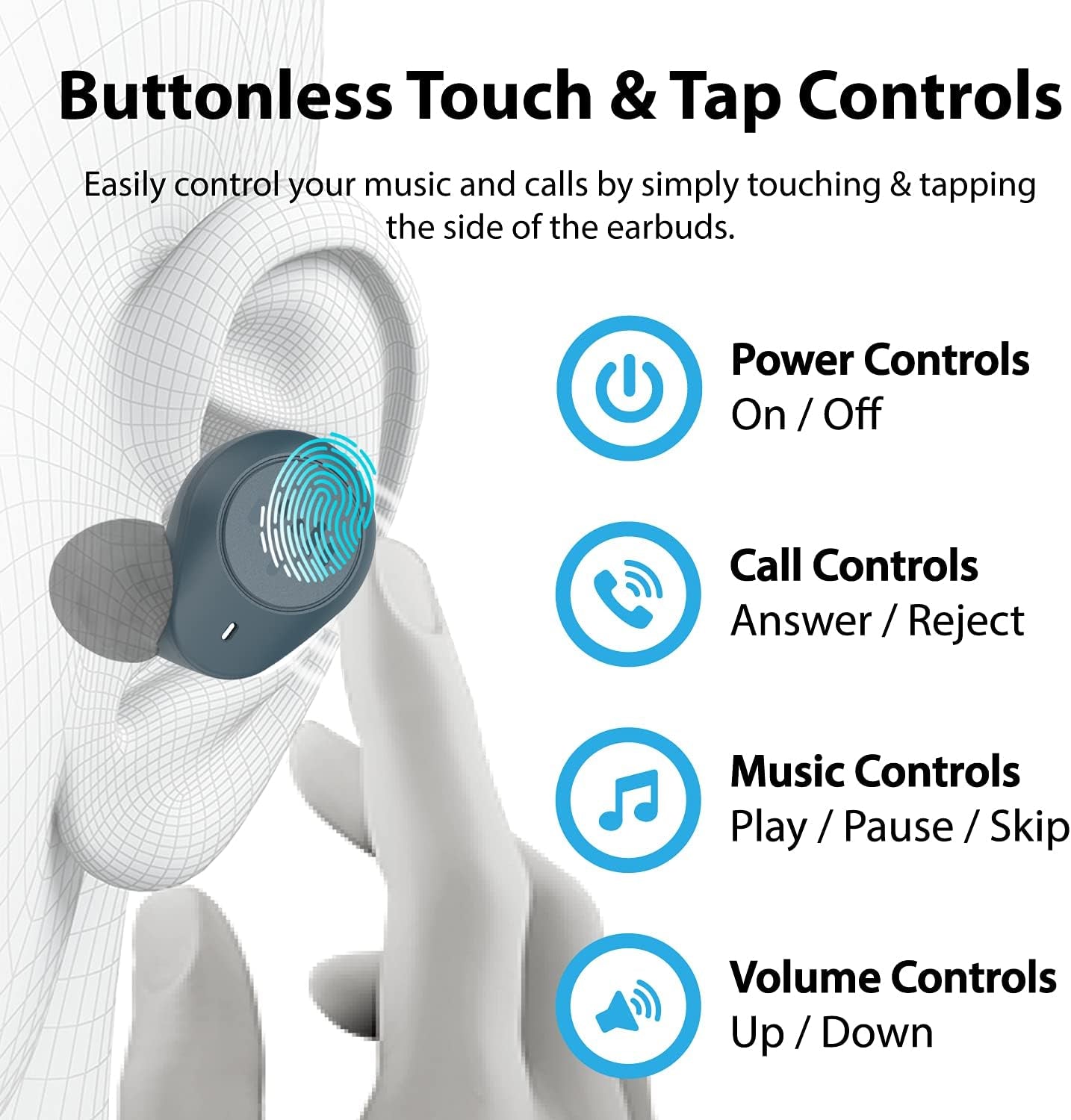 TB200 Pacific Blue True Wireless Earbuds Cordless In-Ear Bluetooth 5.0 with Hands-Free Call Microphone, IPX6 Waterproof Protection, High-Fidelity Sound; Includes Compact Charging Case & 4 Ear Tip