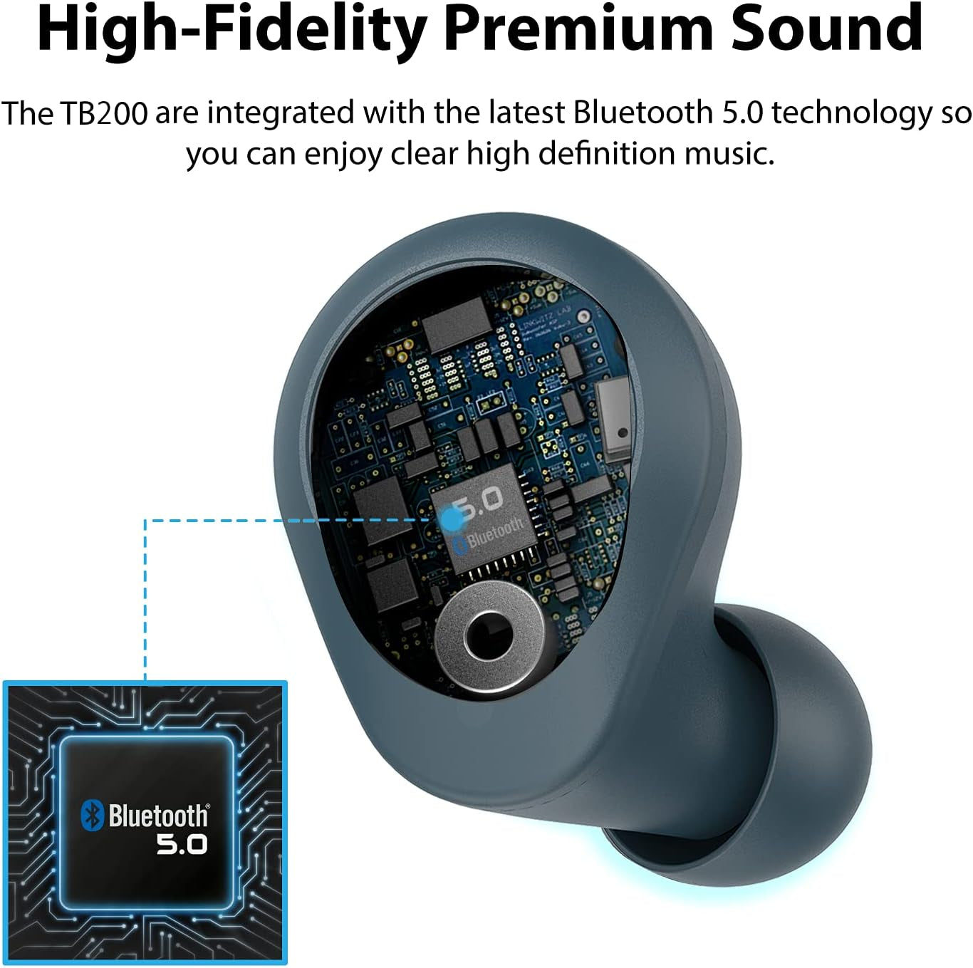TB200 Pacific Blue True Wireless Earbuds Cordless In-Ear Bluetooth 5.0 with Hands-Free Call Microphone, IPX6 Waterproof Protection, High-Fidelity Sound; Includes Compact Charging Case & 4 Ear Tip