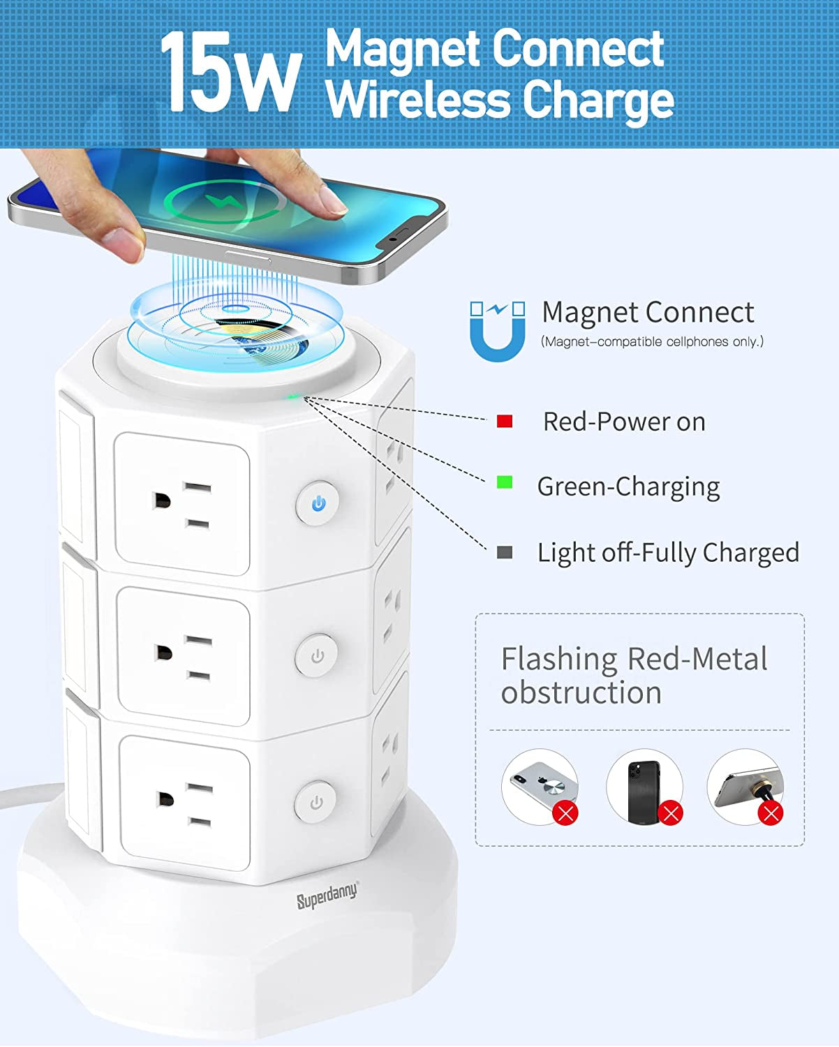 Power Strip Tower, Surge Protector Tower with 15W Magnetic Wireless Charger, 1050J, 13A Charging Station with 12 AC Outlets & 6 USB Ports, 6.5Ft Extension Cord for Home Office, White