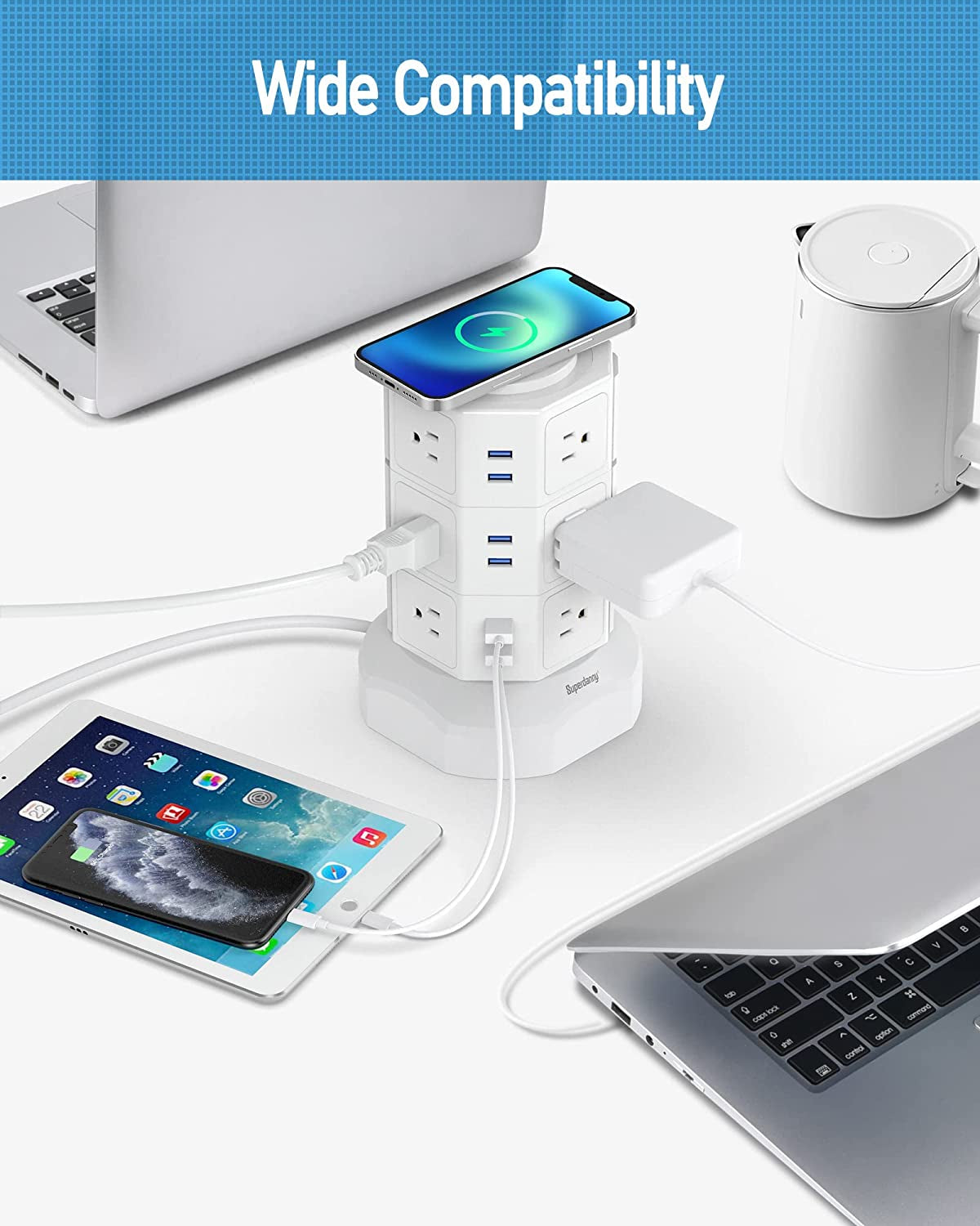 Power Strip Tower, Surge Protector Tower with 15W Magnetic Wireless Charger, 1050J, 13A Charging Station with 12 AC Outlets & 6 USB Ports, 6.5Ft Extension Cord for Home Office, White