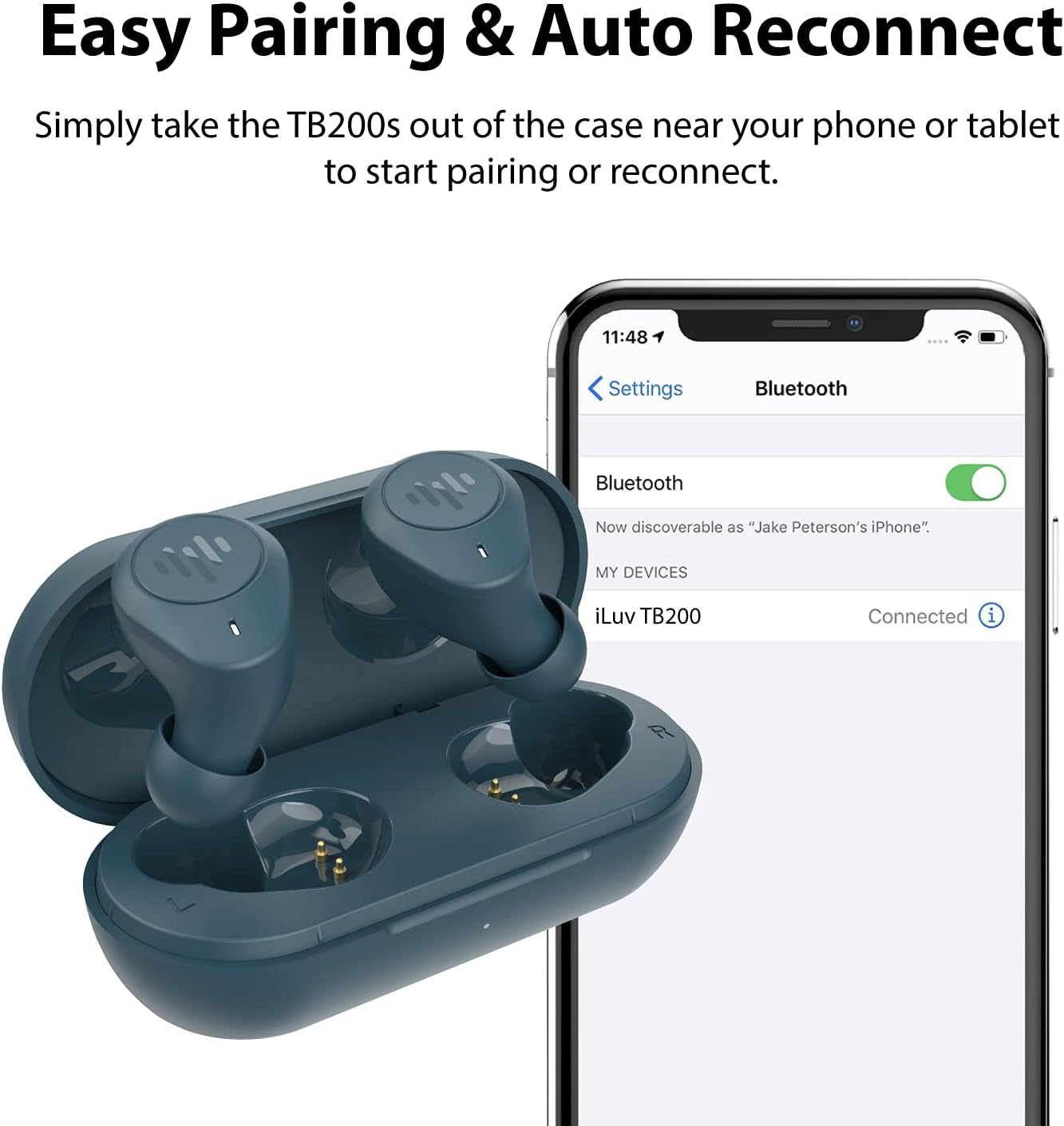 TB200 Pacific Blue True Wireless Earbuds Cordless In-Ear Bluetooth 5.0 with Hands-Free Call Microphone, IPX6 Waterproof Protection, High-Fidelity Sound; Includes Compact Charging Case & 4 Ear Tip