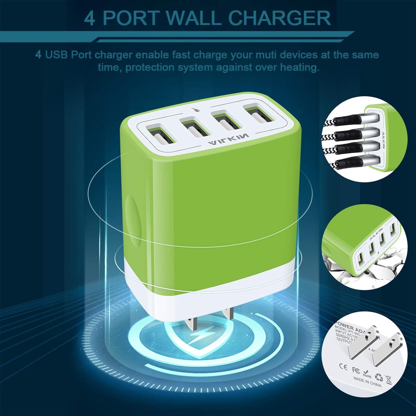 Wall Charger, USB Charger Adapter, 4.8A 4Multi Port Fast Charging Station Power Base Block Plug Cube Brick for Iphone, Ipad, Samsung Galaxy, Moto, Google Pixel, Kindle Fire Plug Cargador Carro