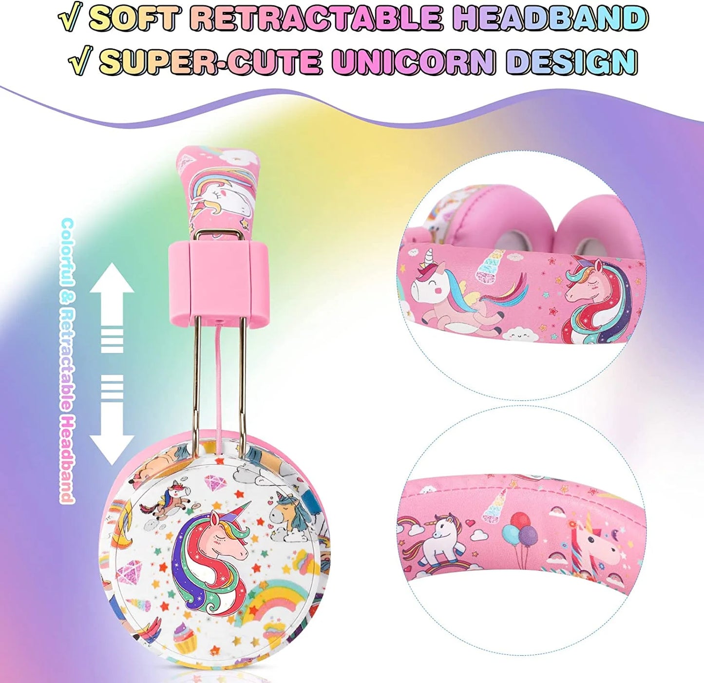 Unicorn Headphones for Girls Kids for School, Kids Bluetooth Headphones with Microphone & 3.5Mm Jack, Teens Toddlers Wireless Headphones with Adjustable Headband for Tablet/Pc