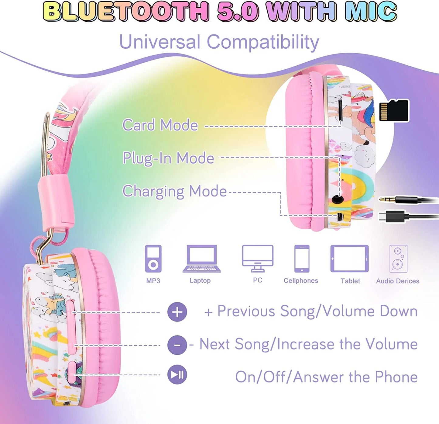 Unicorn Headphones for Girls Kids for School, Kids Bluetooth Headphones with Microphone & 3.5Mm Jack, Teens Toddlers Wireless Headphones with Adjustable Headband for Tablet/Pc