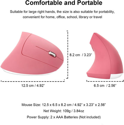 Ergonomic Wireless Vertical Mouse Ergo Optical 2.4G Cordless Mouse Portable Travel Mice with 6 Buttons 3 Adjustable DPI 800/1200/1600 for PC Laptop Desktop (Pink)